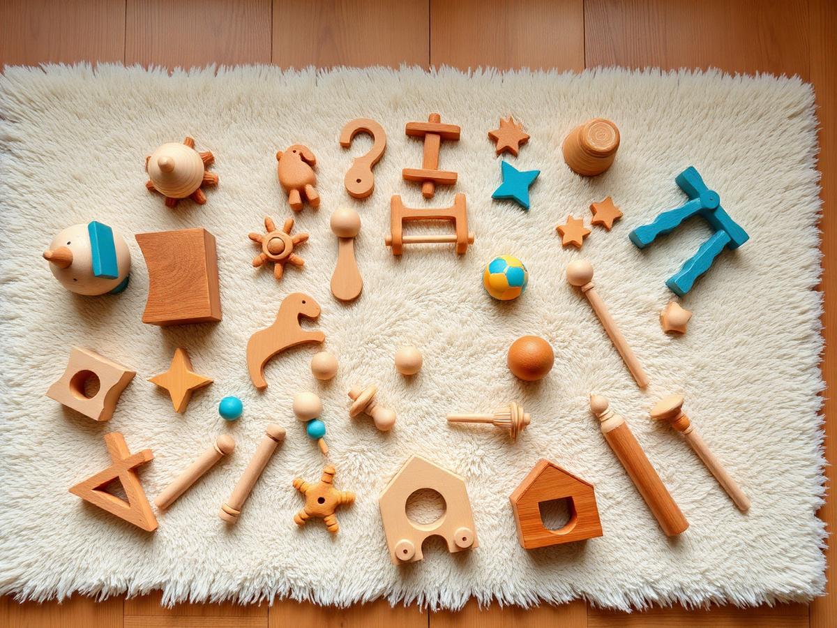 Jouets en bois disposés sur un tapis crème