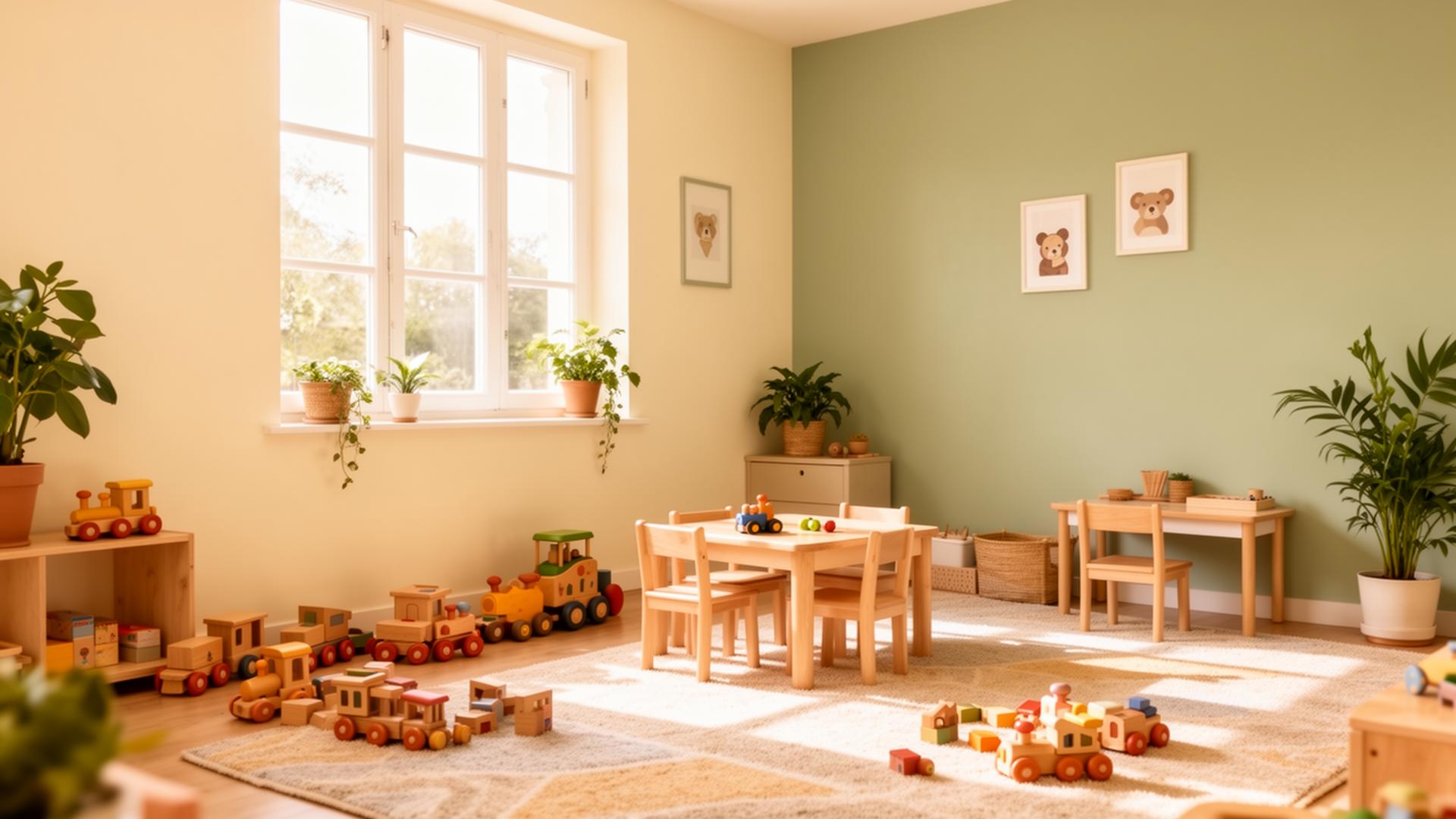 Salle de jeux lumineuse de la MAM les copains avec jouets en bois